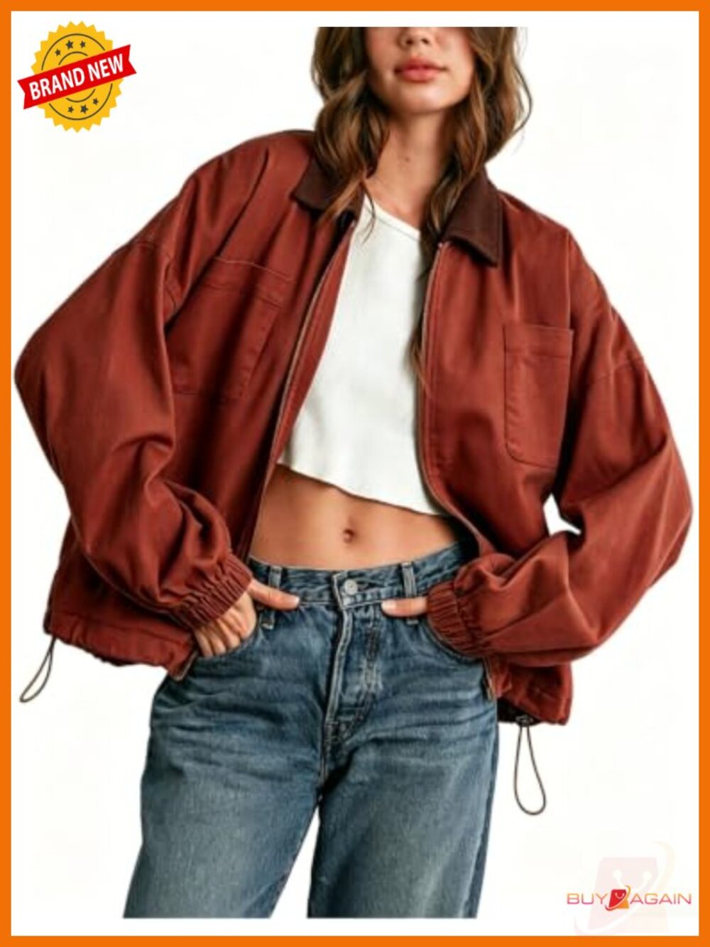 Women's Barn Jacket Corduroy Collar Zip Utility Jacket Cinchable Hem Workwear